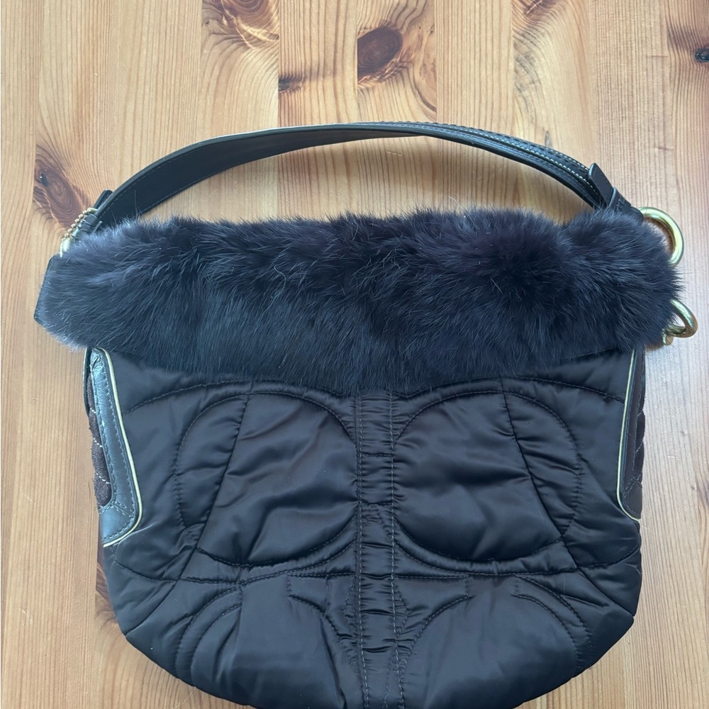Coach 3586 Black & Deep Burgundy Rabbit Fur-Trimmed Satin Shoulder Bag
